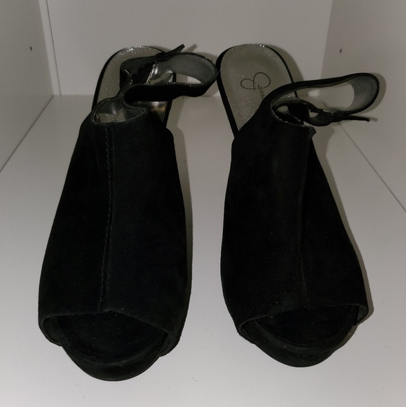 Jessica Simpson black suede peep toe strap back - Picture 2 of 8